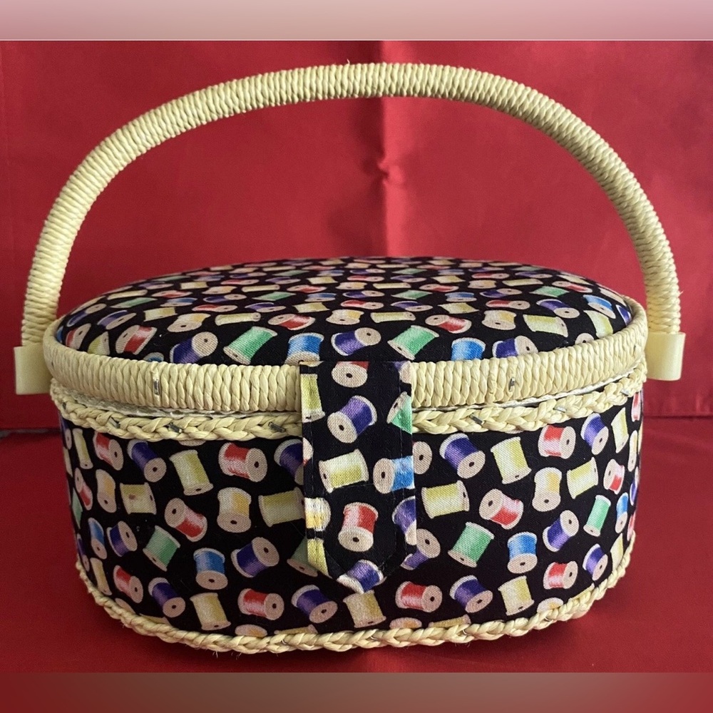 Handcrafted Sewing Wicker Basket with Multicolor Spool Print and Cream Handle